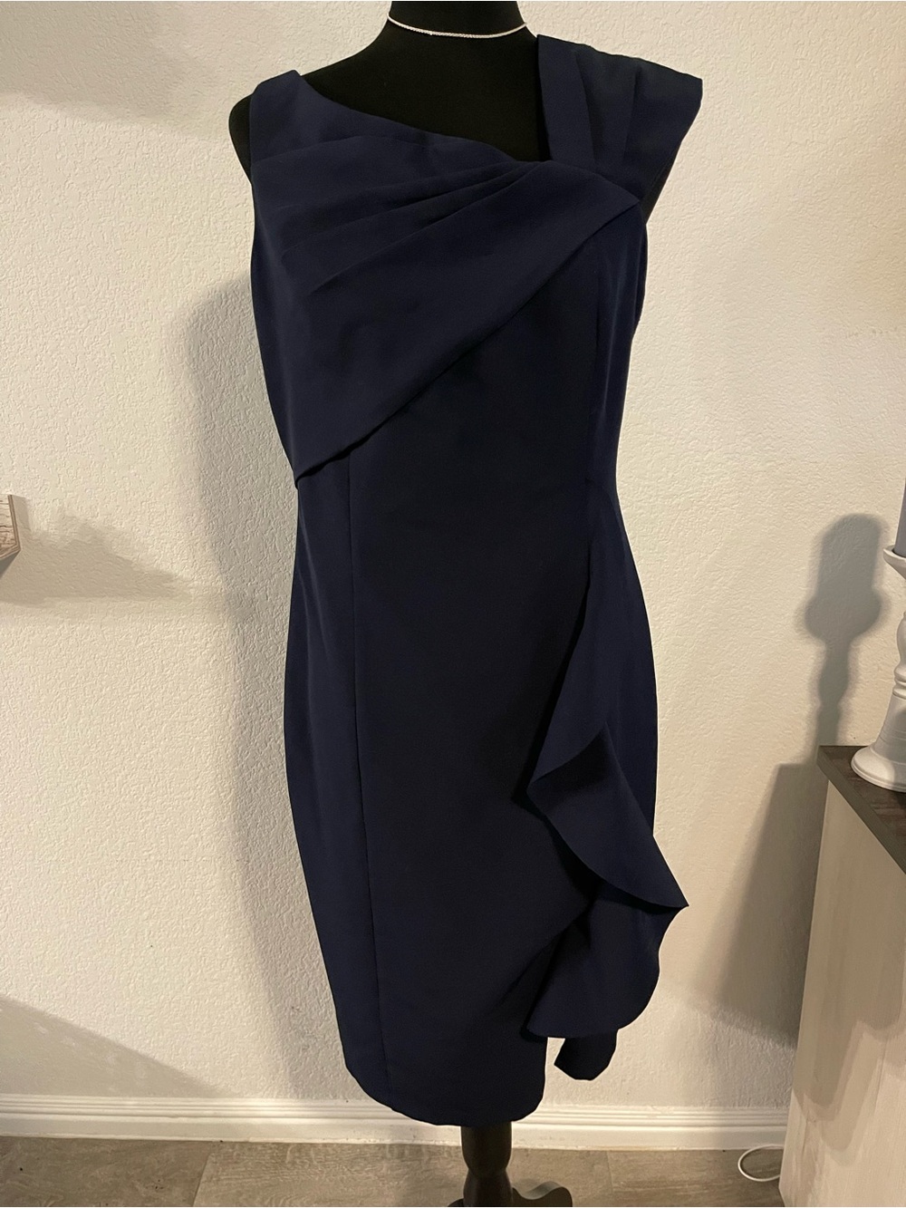 MARINA One-Shoulder Navy Draped Cocktail Dress